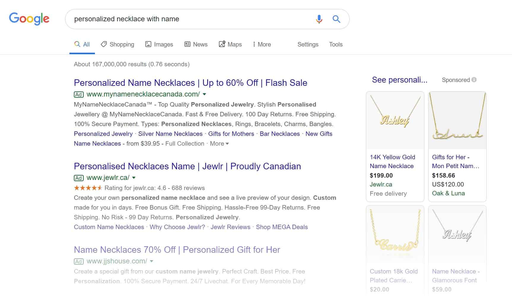 google search ads for personalized necklace with name keyword 