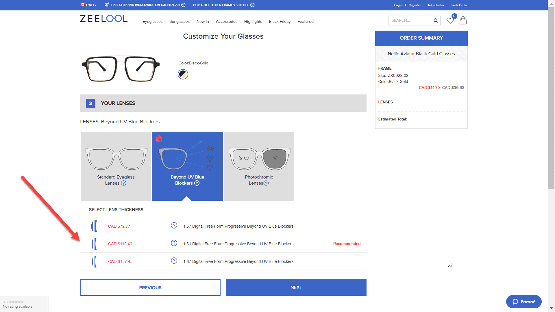 prescription lenses upsell