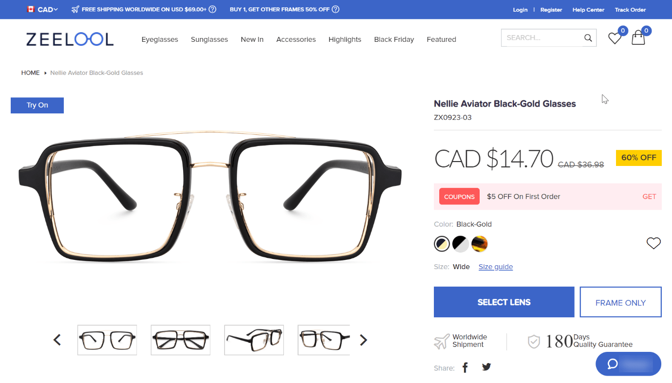 prescription glasses product page