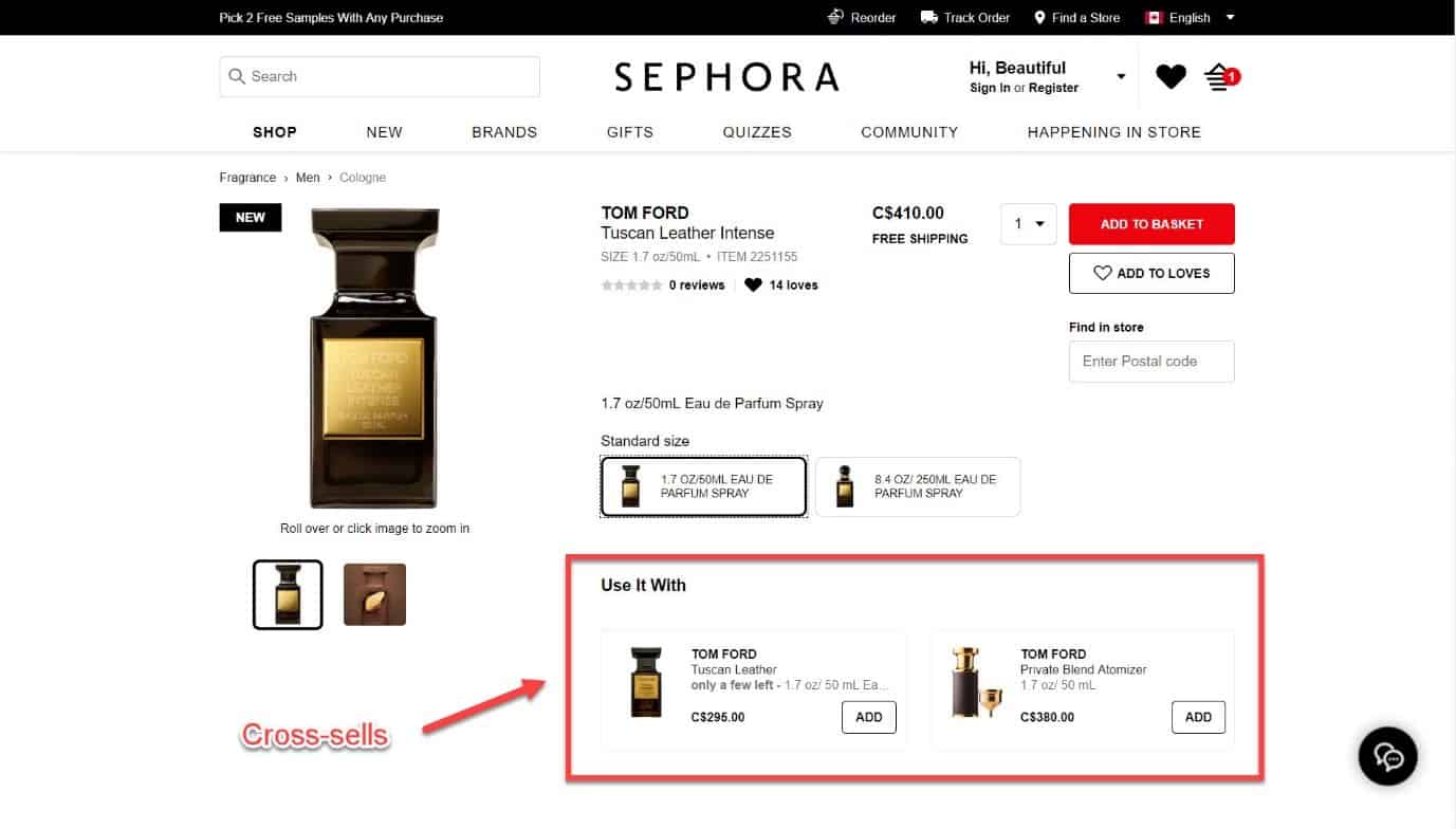 cross sells on sephora online store 