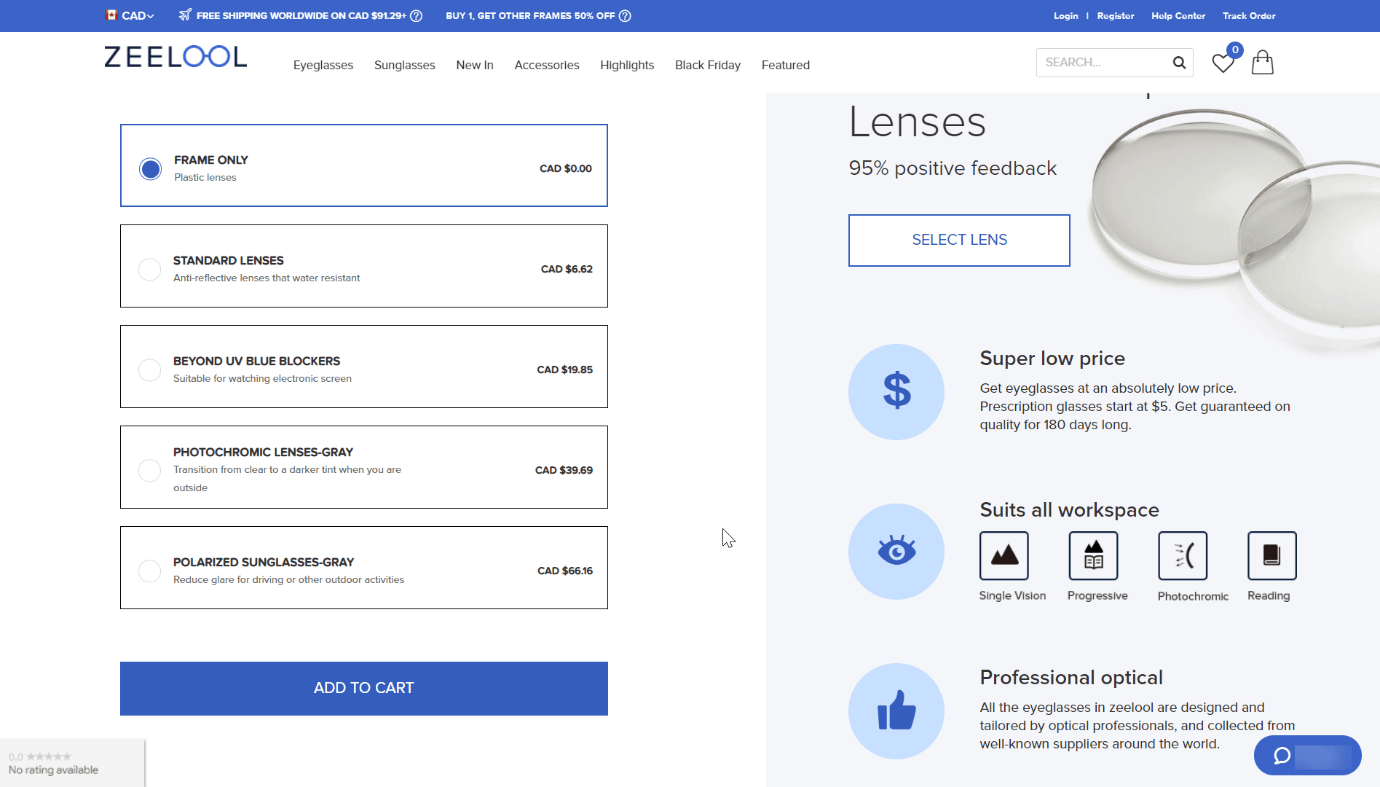 zeelool prescription glasses lens upsell 