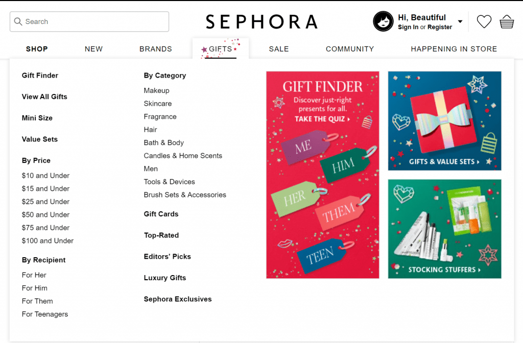 sephora gift buying section