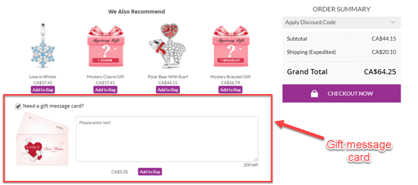 gnoce gift message add-on at checkout