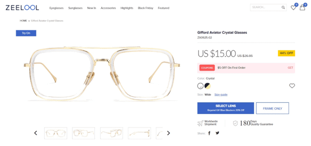 zeelool glasses product page