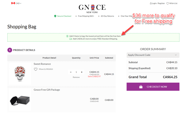 gnoce free shipping progress bar at checkout