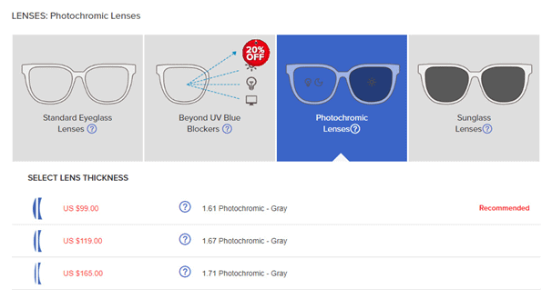 zeelool photochromatic lenses upsell