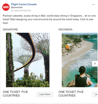 carousel ad on facebook advertising a travel agency