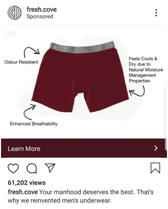 awareness stage facebook ad advertising the benefits of fresh cove underware