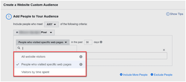 facebook custom audience based on people that visited specific pages