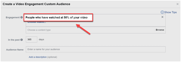 create facebook audience based on people that watched 50% of a video