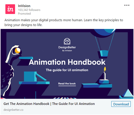 invision linkedin ad promoting a free animation handbook