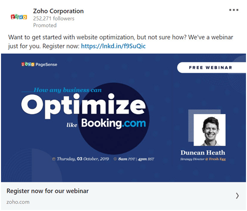 zoho linkedin ad promoting a webinar