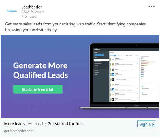 leadfeeder linkedin ad promoting a free trial