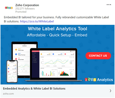 zoho linkedin ad featuring a contact us button