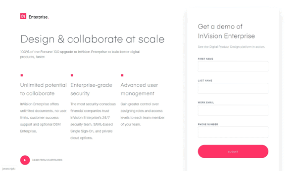 invision landing page