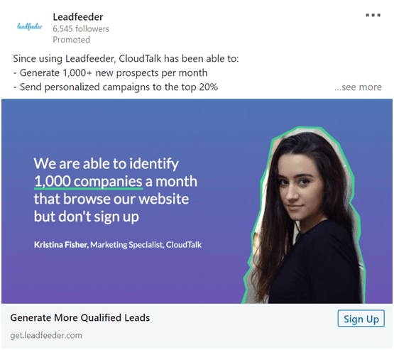 leadfeeder linkdin ad promoting an account signup offer with a customer testimonial 