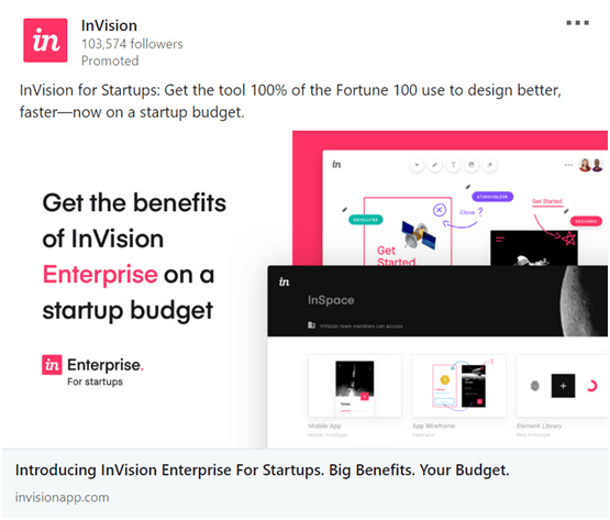 invision linkedin ad promoting their tool for startups with a small budget 