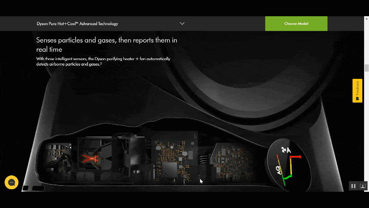 animation on how a Dyson vacuum works on a landing page