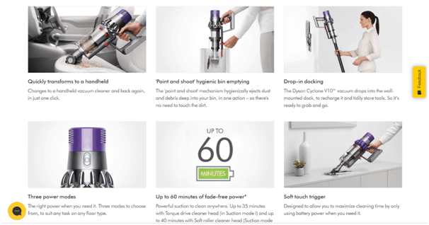 various product images on a Dyson vacuum landing page