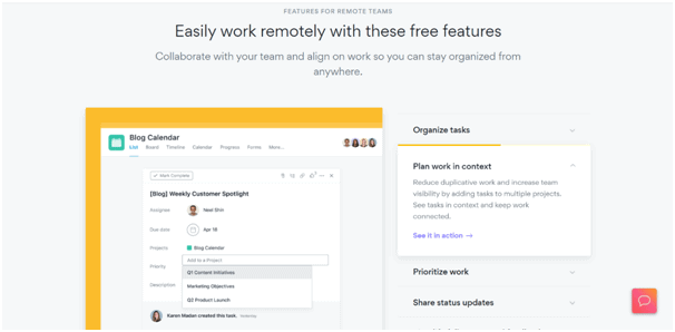 different product features on Asana landing page