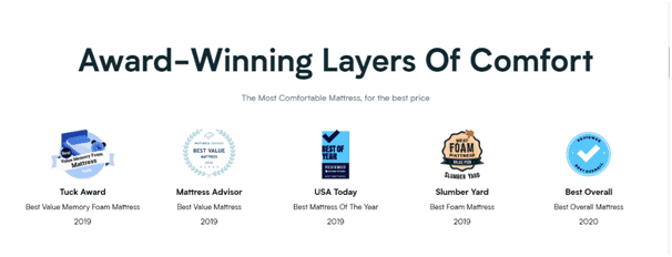 showing of different awards as social proof on a landing page