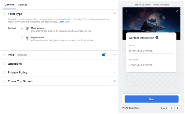 Lead generation form for Instagram ads