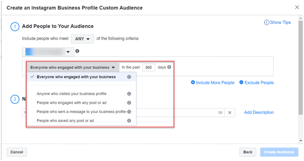 Instagram business profile custom audience