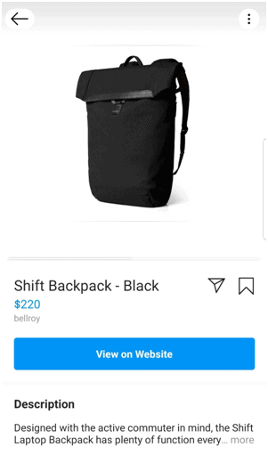 Product page within Instagram app