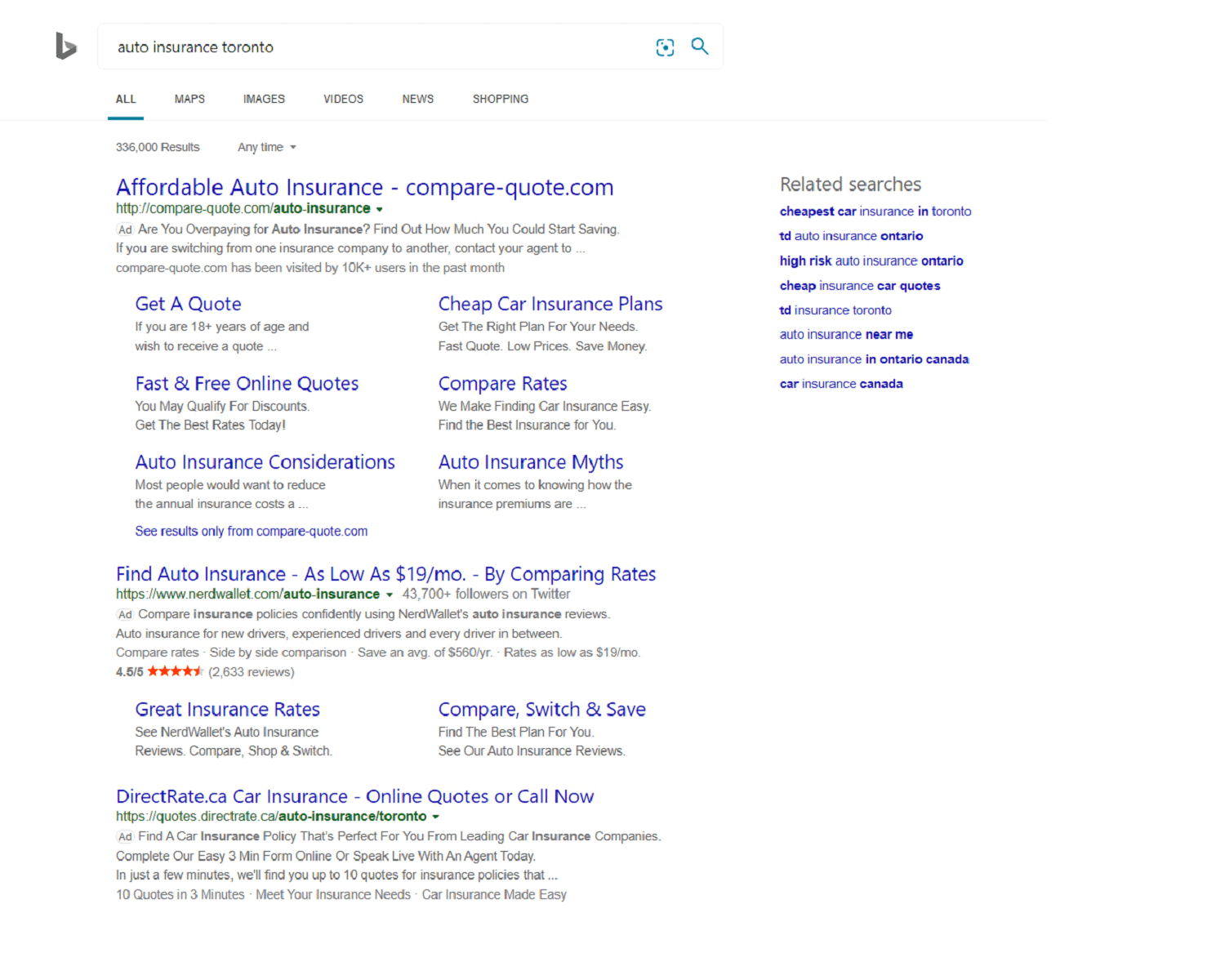 Bing search for auto insurance toronto