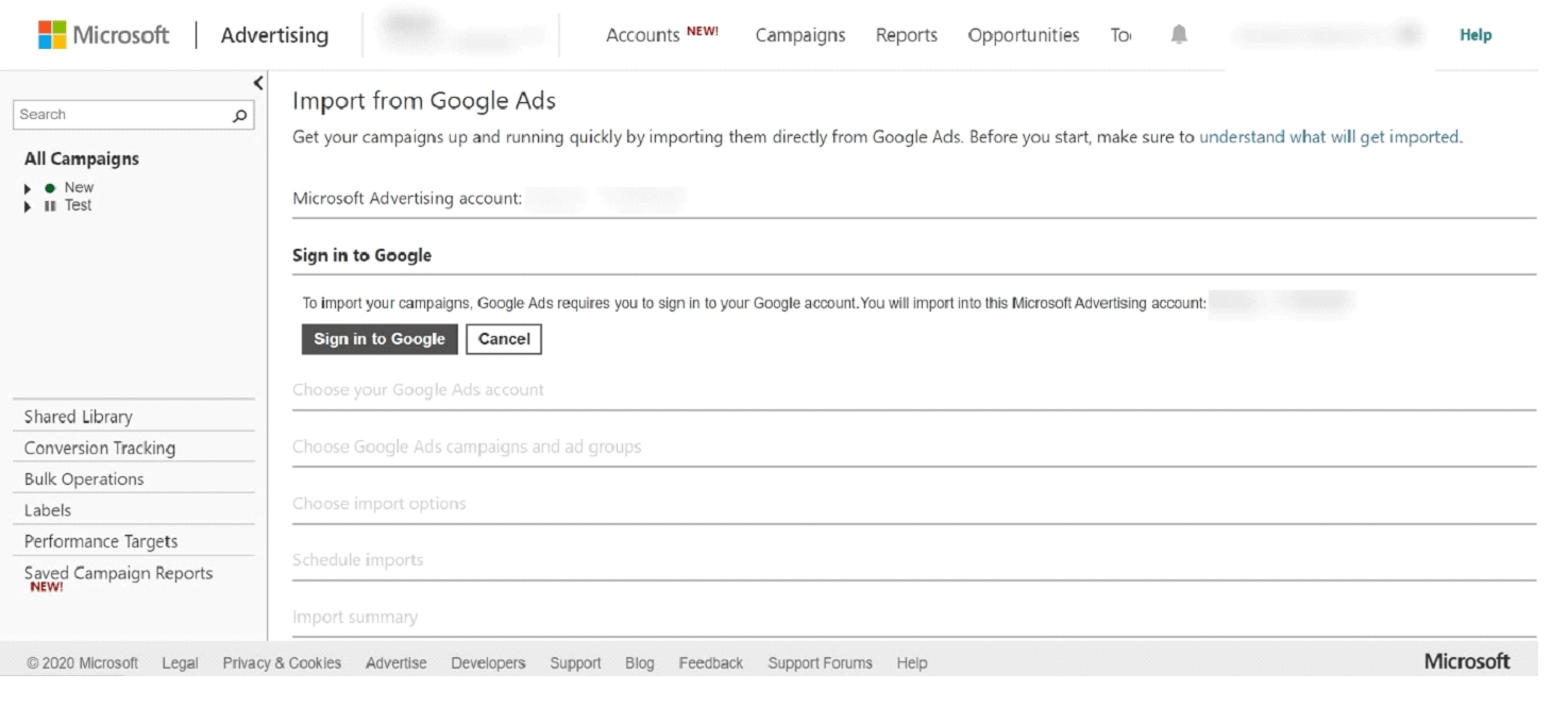 Microsoft import ads from Google