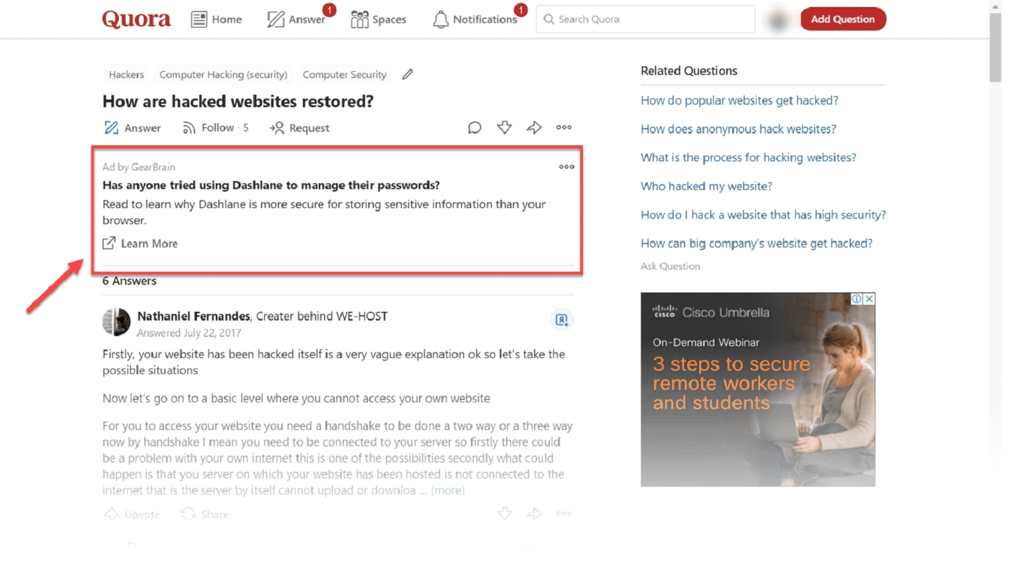 Quora Q&A with a question ad