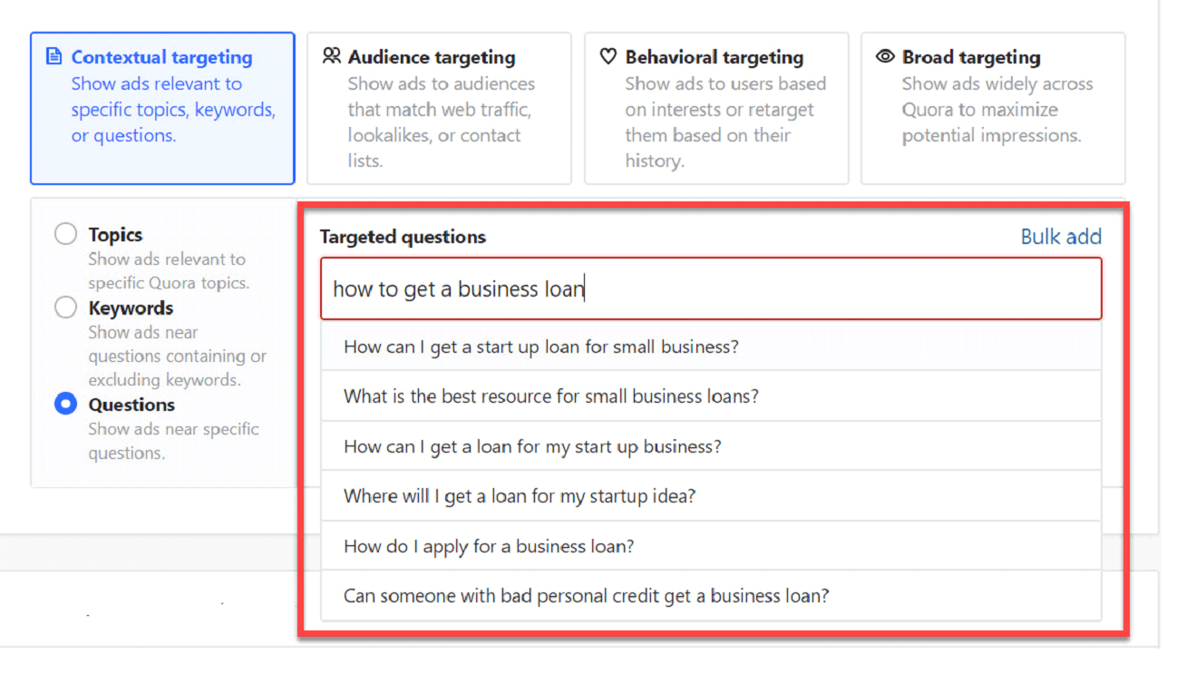 Quora ad contextual targeting example with target questions