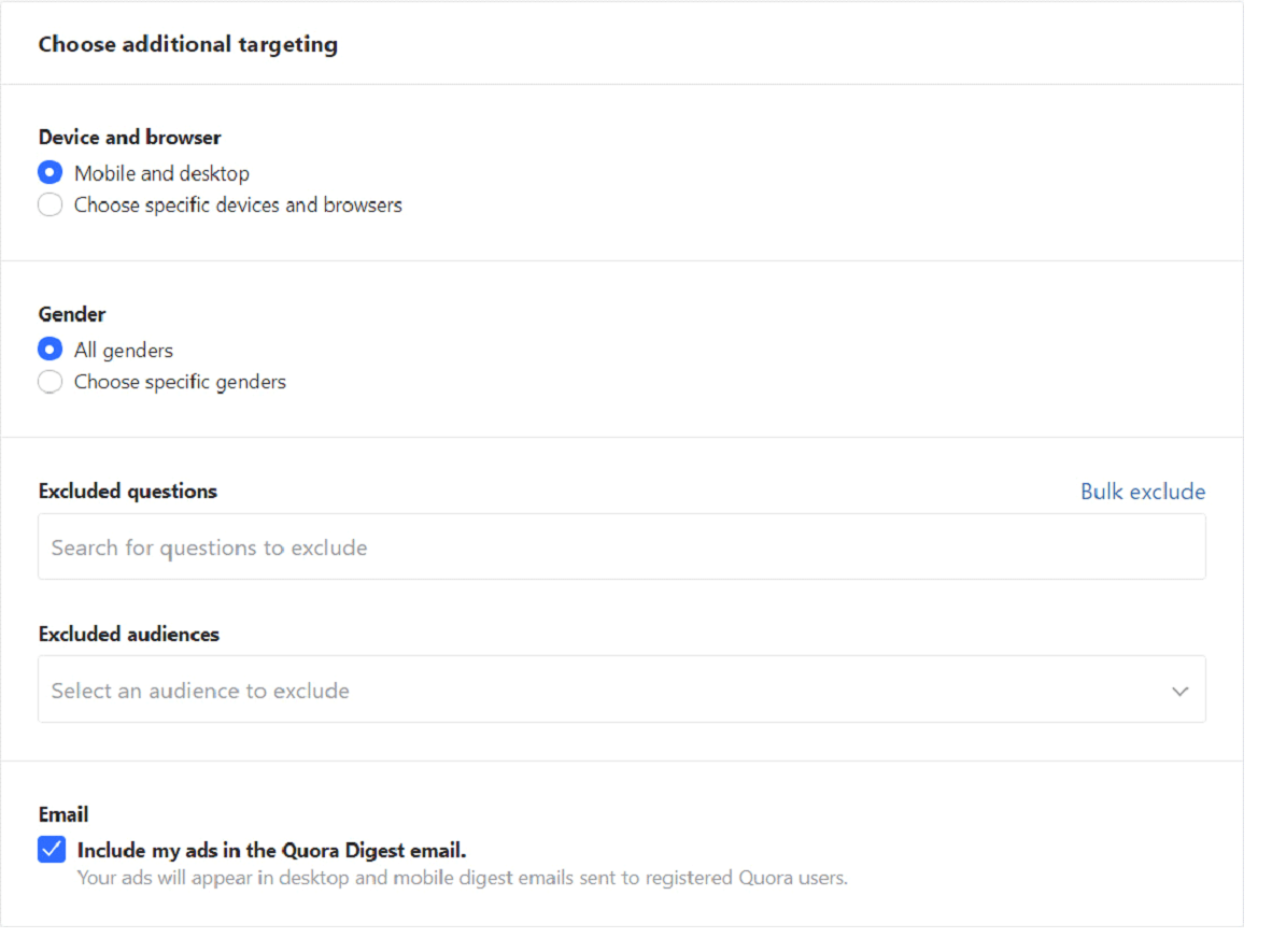 Quora Ads additional targeting