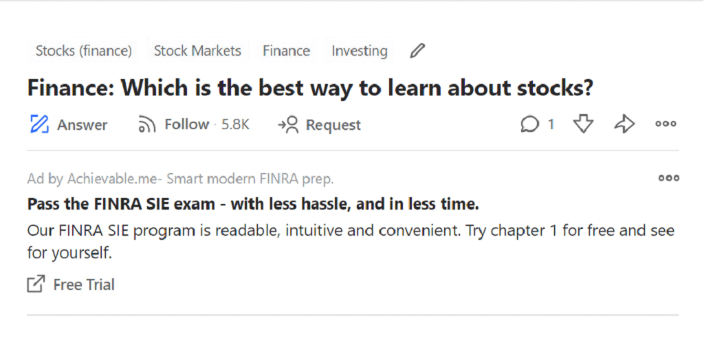 Quora ad on a finance question