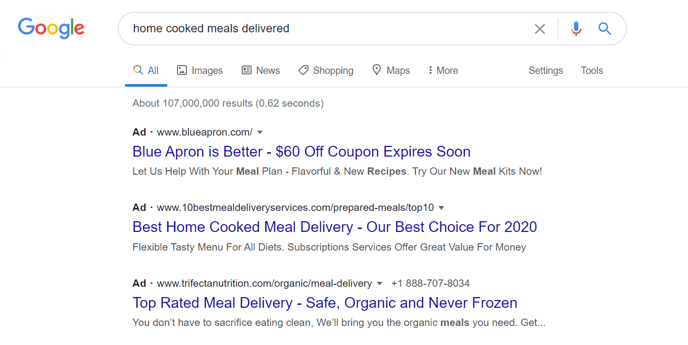 Google Ads - home cooked meals delivered