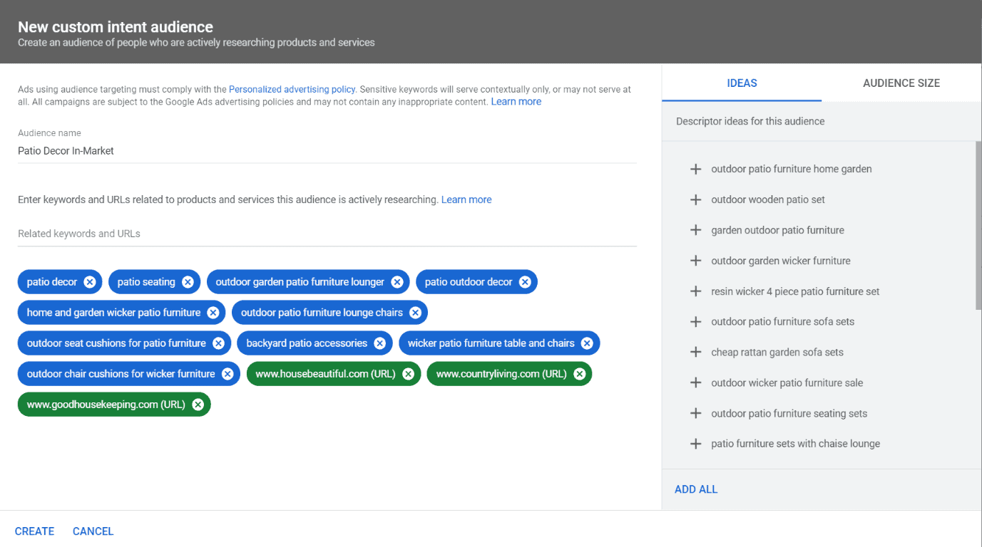 New custom intent audience