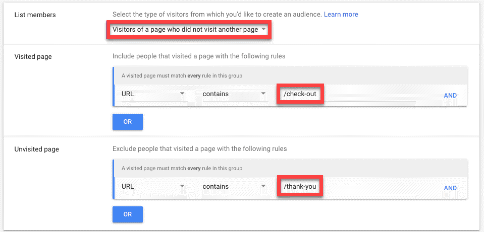 Remarketing - Visitors of a page who did not visit another page