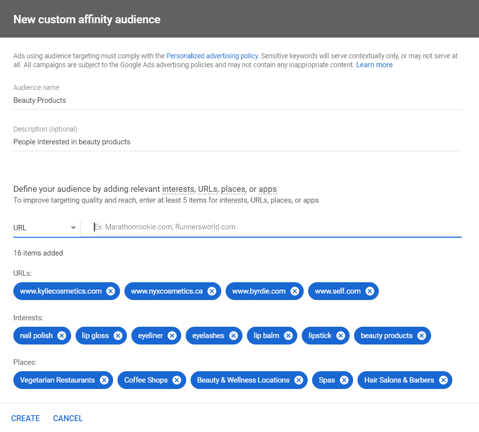 New custom affinity audience