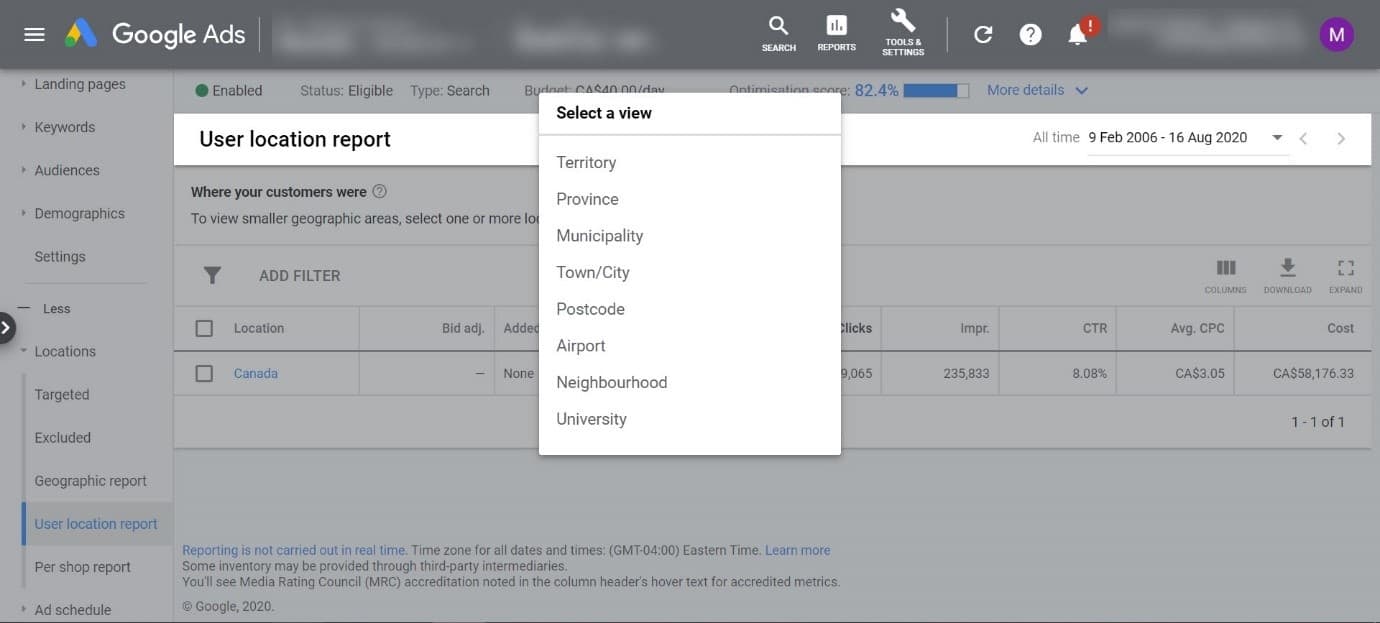 google ads user location report