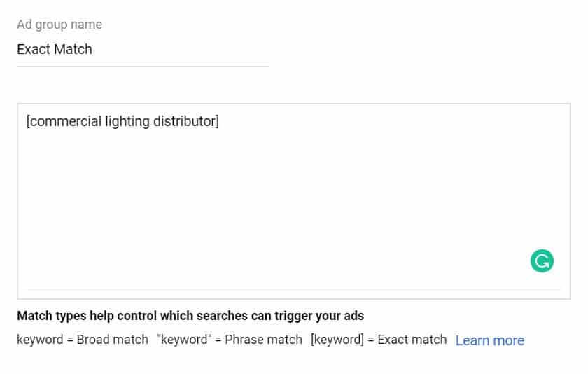 google ads exact match keyword type