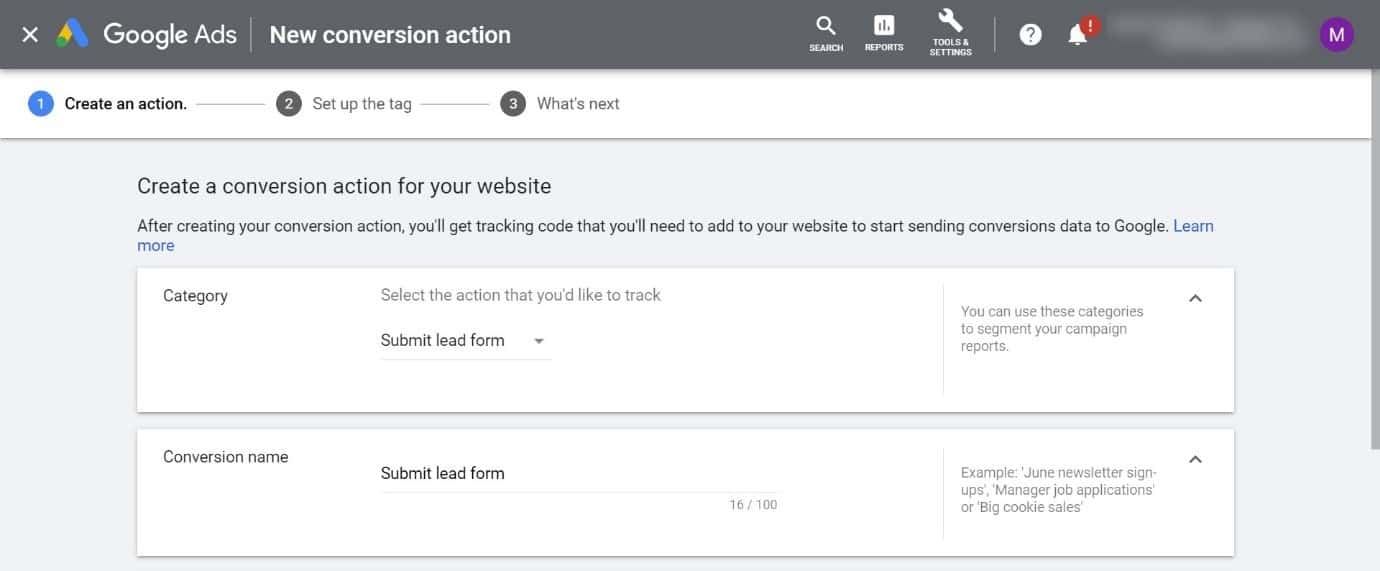 google ads new conversion action setup screen