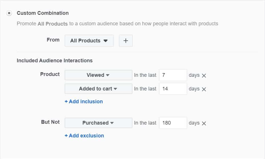 custom combination - facebook ads