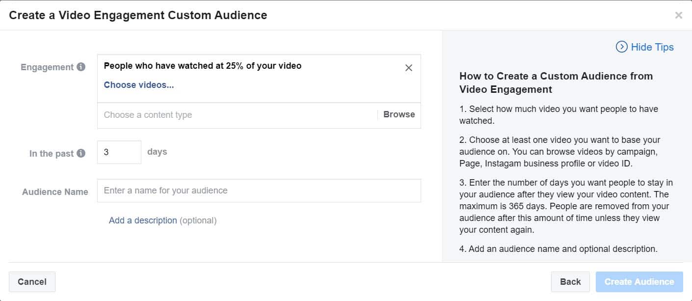 create a video engagement custom audience - facebook ads