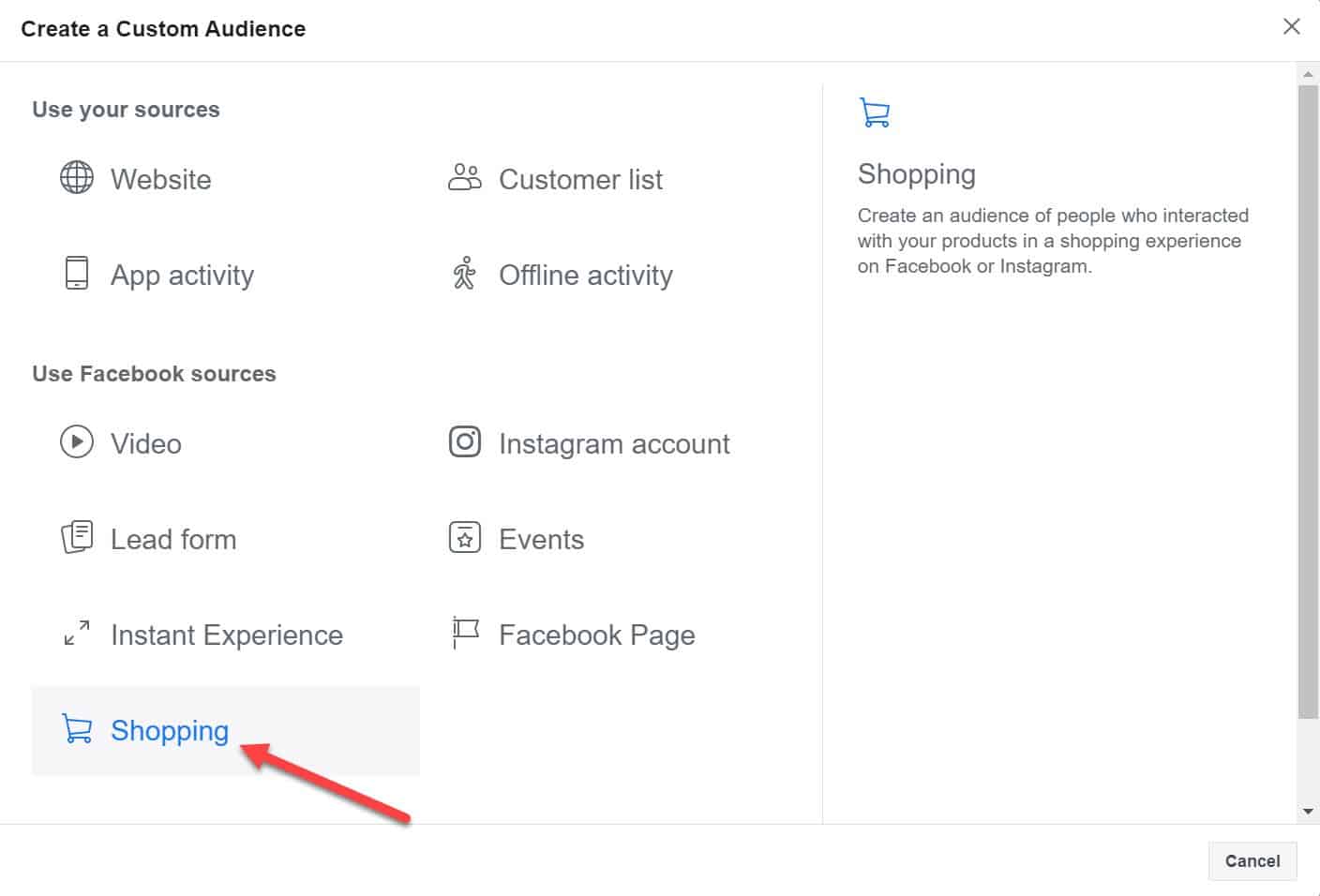 shopping - create a custom audience - facebook ads