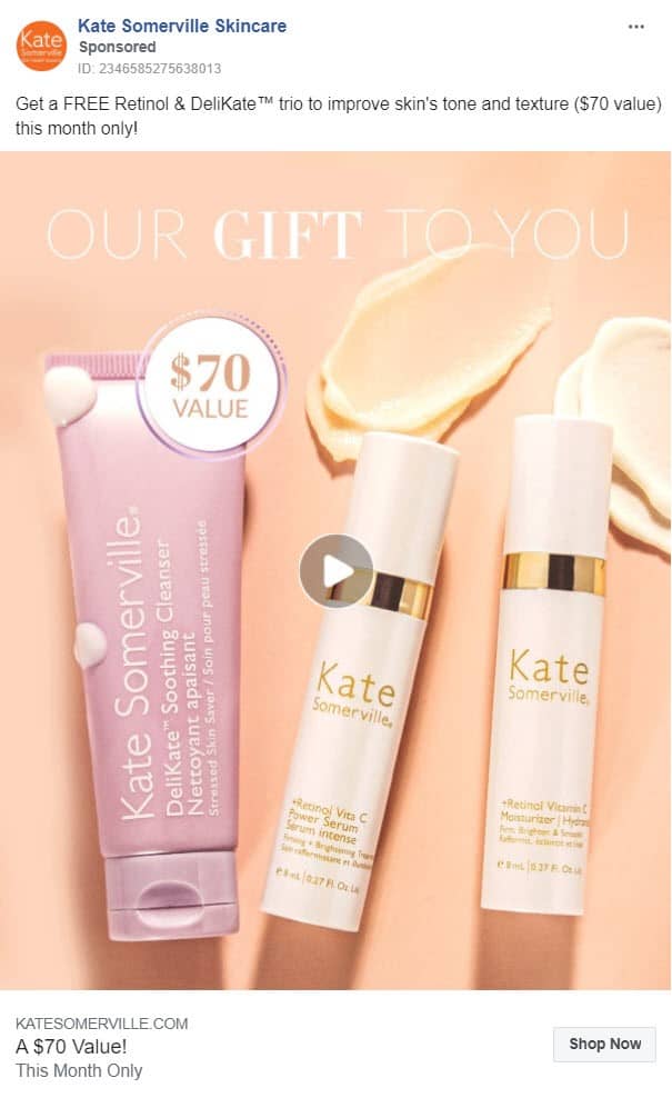 free offer retargeting - facebook ads - example: kate somerville skincare