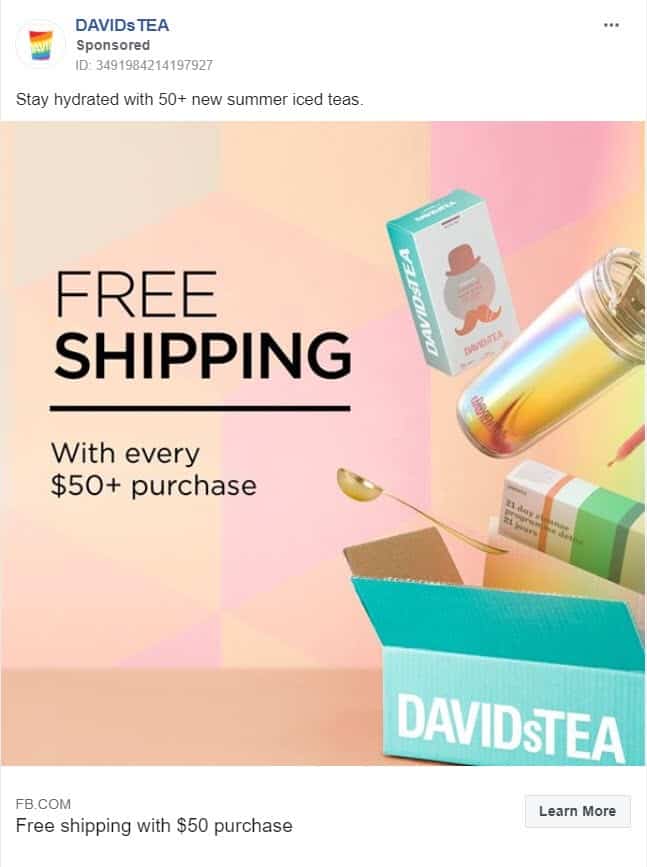 free shipping retargeting - facebook ads - example: davids tea