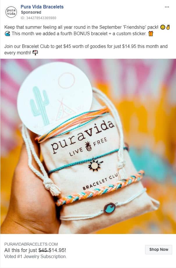 monetary discount retargeting - facebook ads - example: pura vida bracelets 