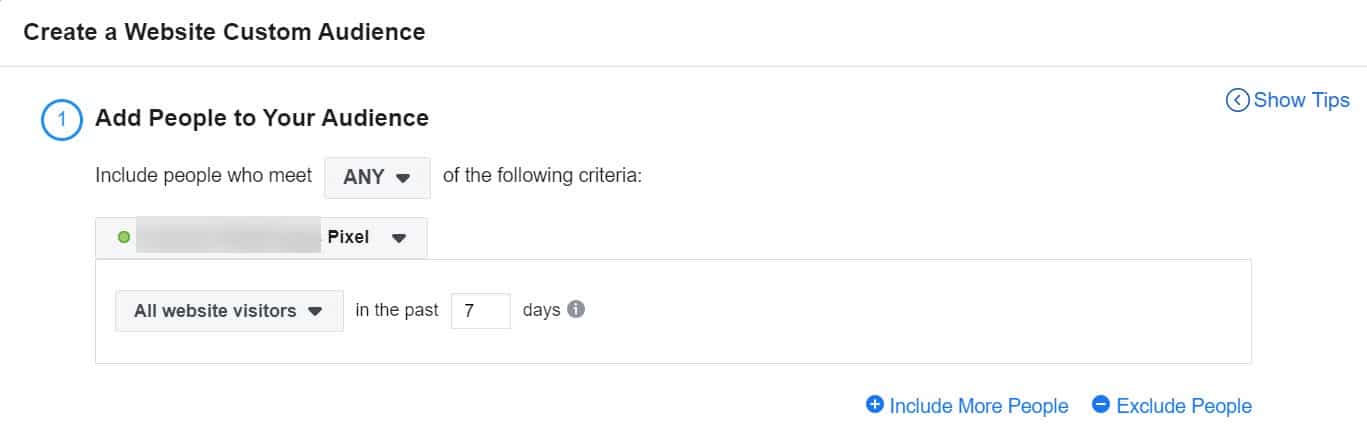 create a website custom audience 7 days setting - facebook ads
