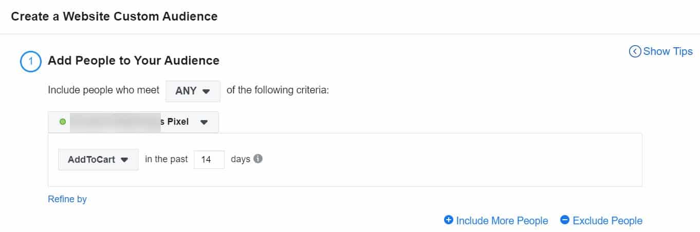 create a website custom audience 14 days setting - facebook ads