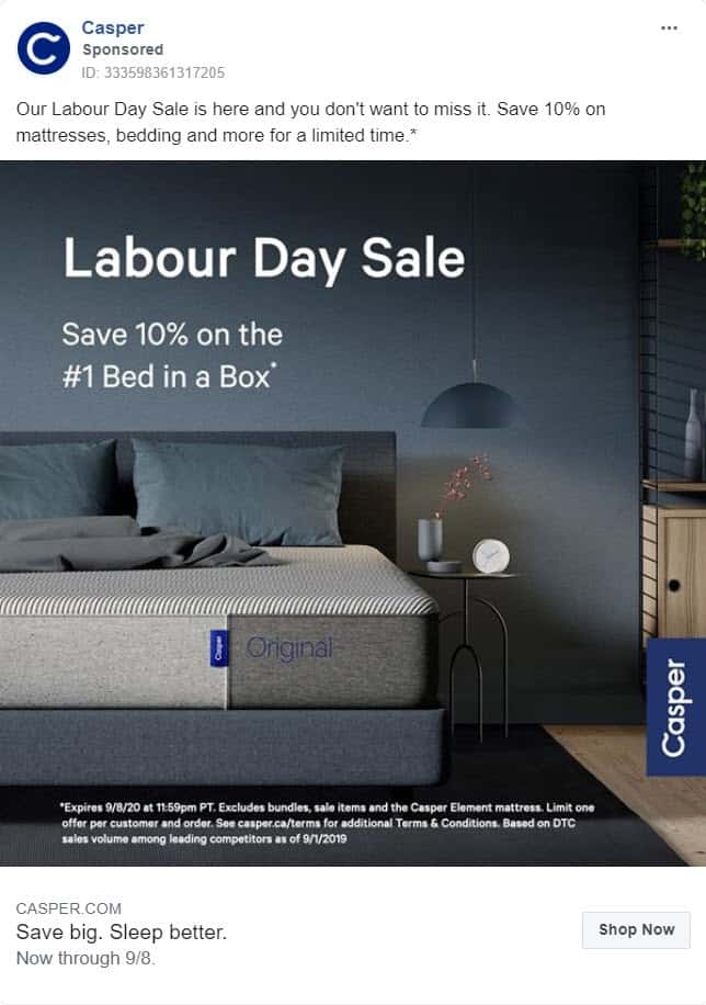 seasonal event facebook ad - example: casper